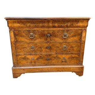 Early 19th Century French Provincial Charles X Burled Walnut Commode. For Sale