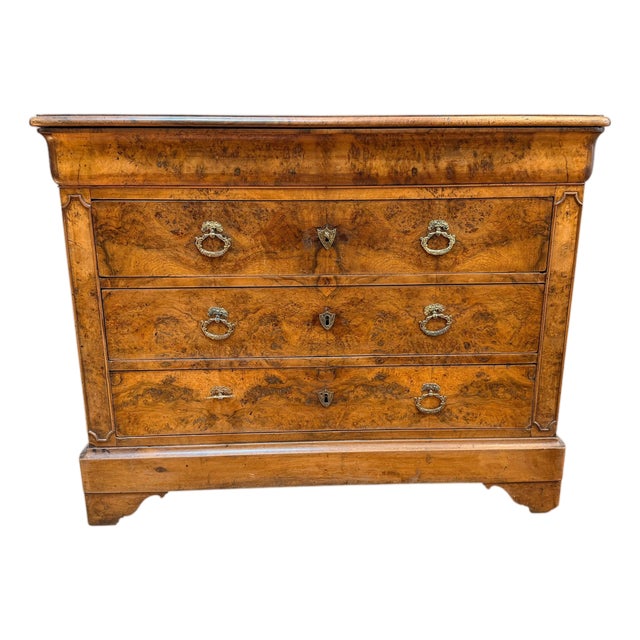 Early 19th Century French Provincial Charles X Burled Walnut Commode. For Sale