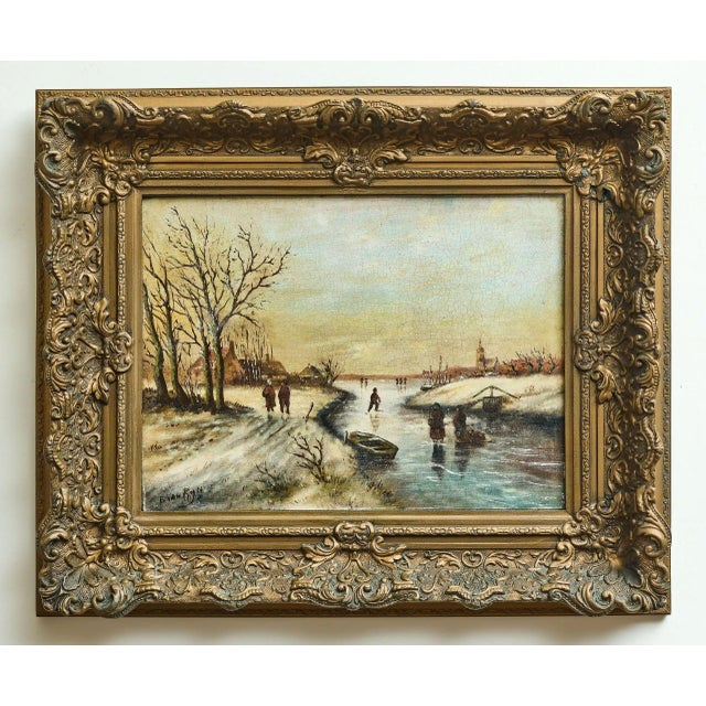 Green B. Van Rijn, Winter Landscape with Figures on Frozen River, Oil on Wood Panel, Framed For Sale - Image 8 of 8