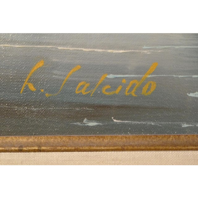 Vintage Oil Painting Harbor Scene Fishing Boats Signed L. Salcido Framed For Sale - Image 4 of 5
