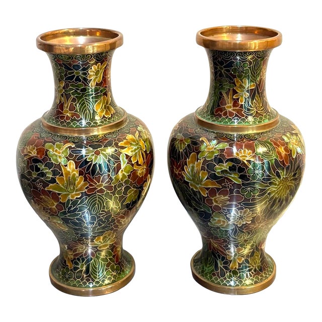 Green/Gold Singaporean Floral Cloisonne' Vases Set of Two For Sale