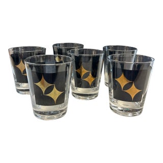 1950s Black and Gold Lowball Rocks Cocktail Glasses Set of 6 For Sale