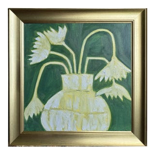 Original Floral Still Life With Round Vase, Oil on Canvas in Brushed Gold Frame, 14.5" X 14.5" by Tatiana Duperault For Sale