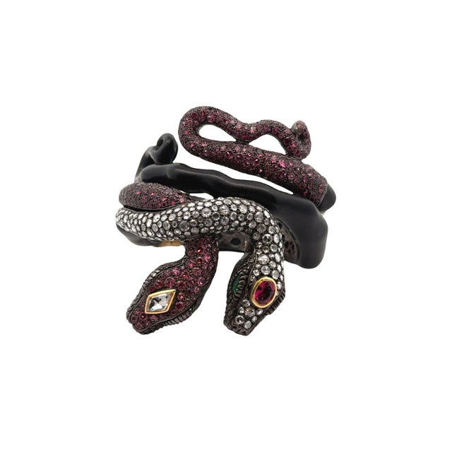 Metal Pink Tourmaline Diamond Silver-18k Gold-Wooden Snake Bracelet For Sale - Image 7 of 11