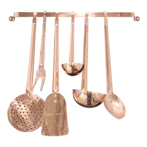 Vintage Solid Copper Utensil Set With Hanging Rack – French Country Kitchenware, 7 Pieces