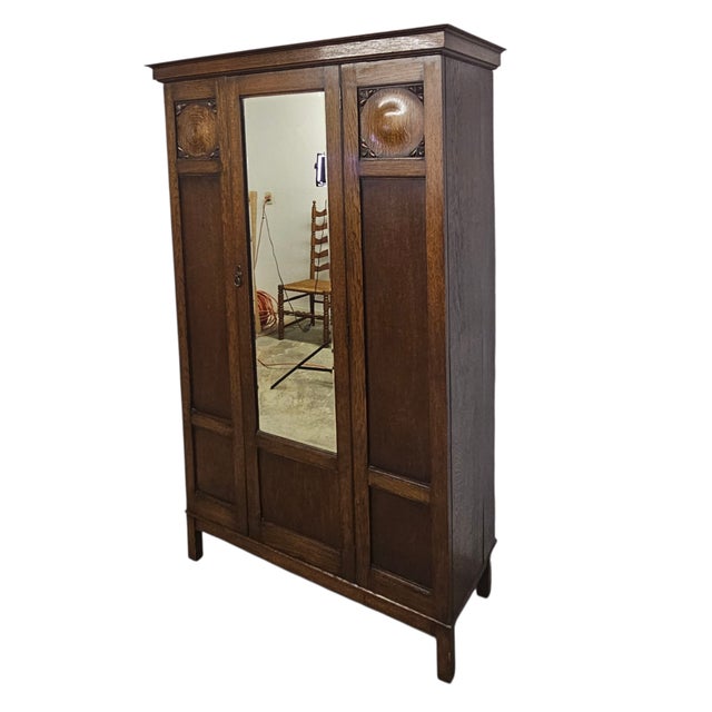 Early 20th Century Arts & Crafts Carved Oak Wardrobe Armoire With Mirror Door, 76" For Sale - Image 5 of 15