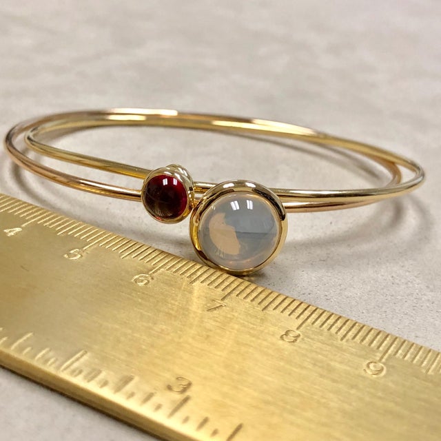 Syna Moon Quartz and Rubellite Yellow Gold Pair of Stacking Bracelets For Sale - Image 4 of 12