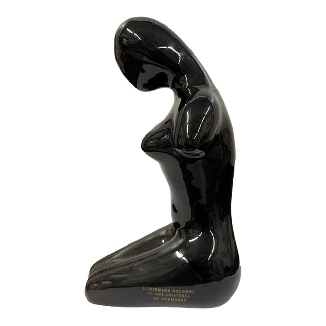 Mid-Century Modern Glossy Black Ceramic Abstract Kneeling Female Figurine - Peruvian Institutional Commemorative Sculpture For Sale