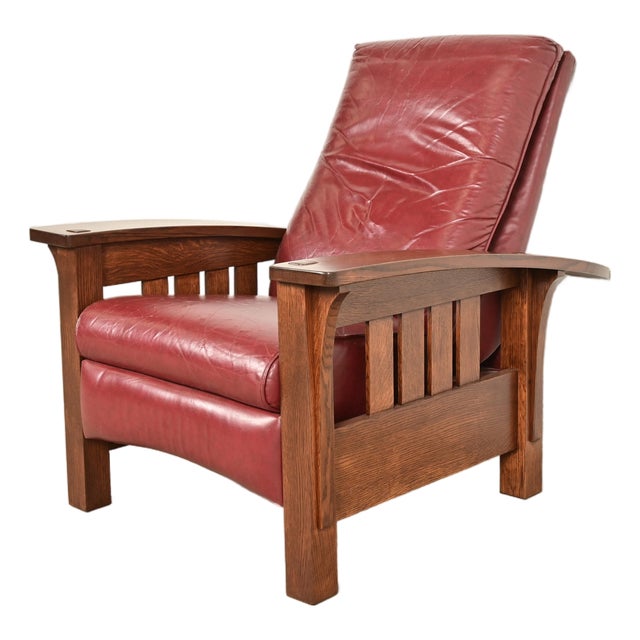 Stickley Mission Oak Arts & Crafts Bow Arm Reclining Lounge Chair, Newly Refinished For Sale