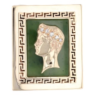 Green Nephrite Jade Diamond Signet Pendant 14k Yellow Gold Figural Male Bust For Sale