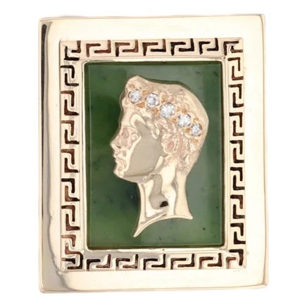 Green Nephrite Jade Diamond Signet Pendant 14k Yellow Gold Figural Male Bust For Sale
