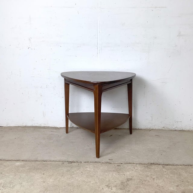Pair of Walnut-Finish Two-Tier Triangular End Tables, Mid-Century Modern Style For Sale - Image 9 of 12