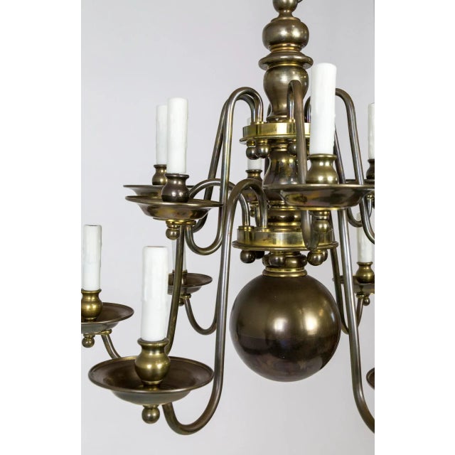 Metal Dutch Baroque Style 2-Tier Aged Brass 12-Light Chandelier For Sale - Image 7 of 13