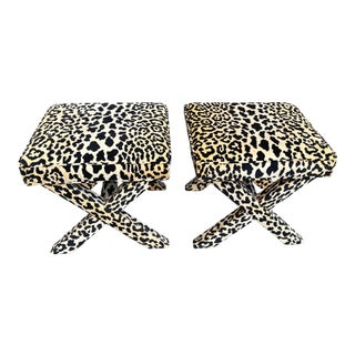 Leopard Print X Ottomans in Velvet - a Pair For Sale