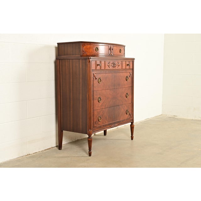 Simmons Company Furniture Antique French Regency Louis XVI Burled Walnut Highboy Dresser by Simmons Furniture, Circa 1930s For Sale - Image 4 of 14