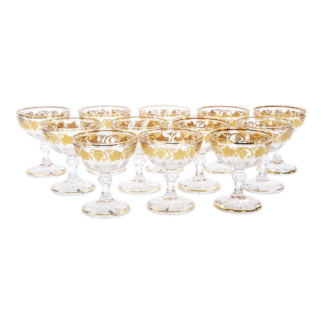 Val Saint Lambert Set of 12 Gilt Gold-Decorated Champagne Coupe Glass Service For Sale