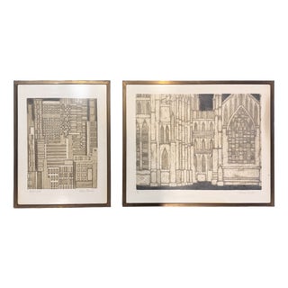 Valerie Thornton, Architectural Composition, 1960, Etching, Set of 2 For Sale