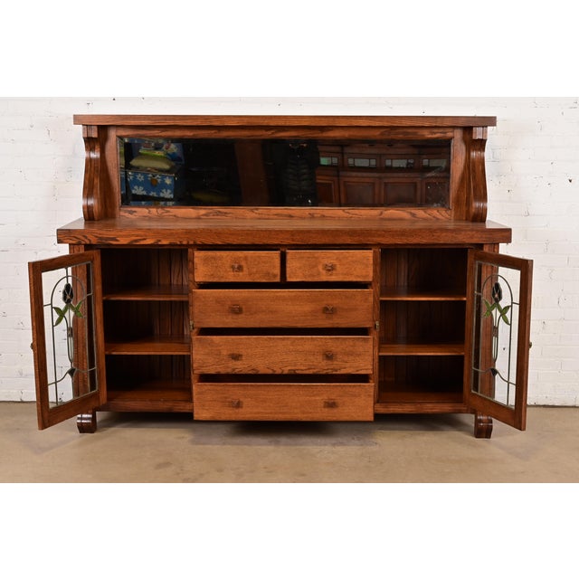 Early 20th Century Antique Arts & Crafts Carved Oak Sideboard or Bar Cabinet With Stained Glass Doors, Newly Refinished For Sale - Image 5 of 15
