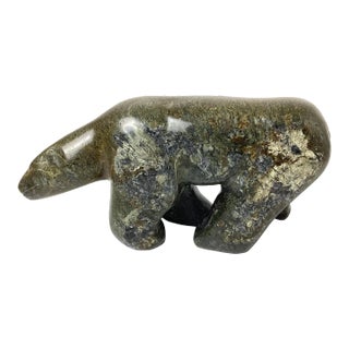 Mid 20th Century Vintage Inuit Canadian Carved Folk Art Stone Carving Sculpture of Polar Bear For Sale