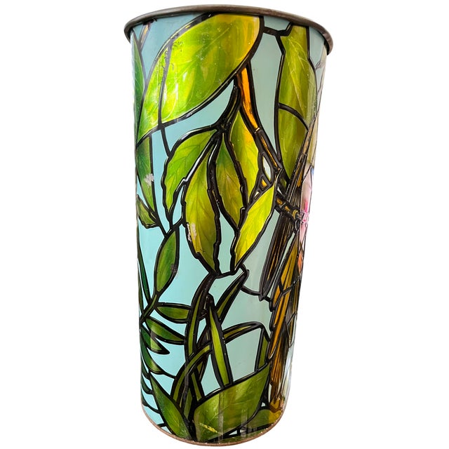 Mid-Century Modern Vintage j.l. Clark Faux Stained Glass Bird & Foliage Metal Wastebasket, 1960s–70s For Sale - Image 3 of 8