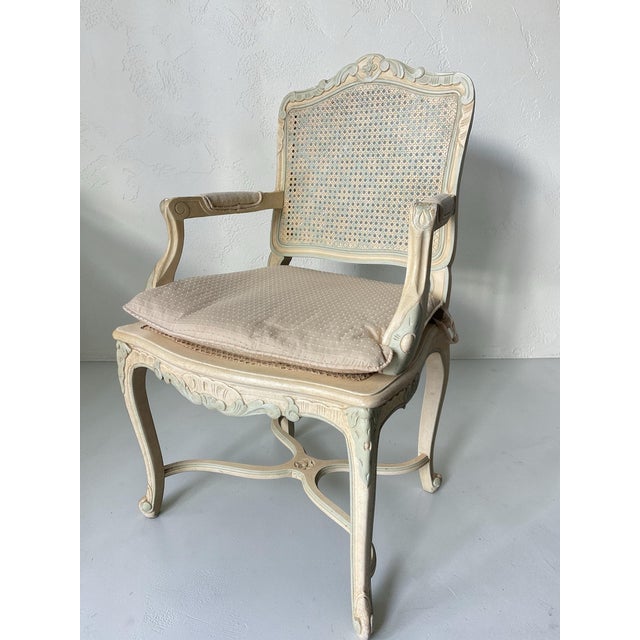 Late 20th Century French Louis XV Style Painted Cane Back Dining Chairs With Carved Frames & Cabriole Legs – Set of 6 For Sale - Image 5 of 18