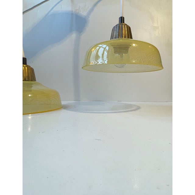 Vintage Art Deco Brass and Striped Yellow Glass Pendant Lamps from Lyfa, 1940s, Set of 2 For Sale - Image 10 of 13