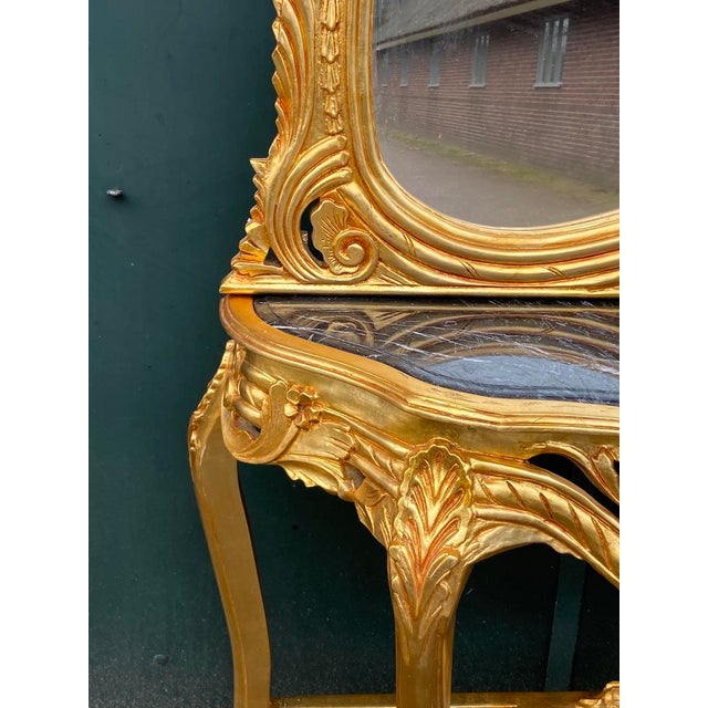 Mid 20thC French Louis XVI Rococo Gold Console Table With Mirror - Set of 2 Pc For Sale - Image 4 of 11