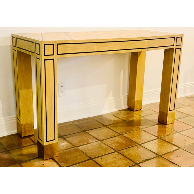 Vintage Mid-Century Modern Rectangular Wood Parsons Style Custom Console/Desk With Geometric Painted Design in Black, Circa 1980s For Sale - Image 10 of 12