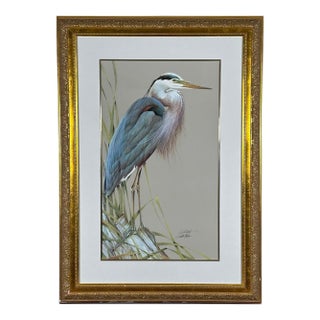 Late 20th Century Art LaMay Signed Limited Edition Bay Blue Heron Gold Gilt Framed Giclee For Sale