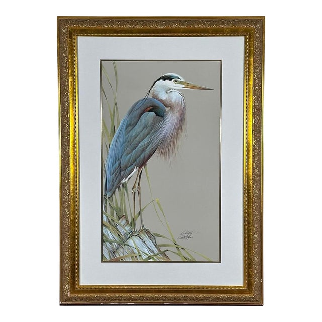Late 20th Century Art LaMay Signed Limited Edition Bay Blue Heron Gold Gilt Framed Giclee For Sale