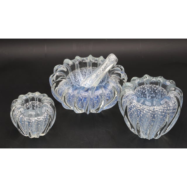 Exquisite and unique rare blue colour set of 3 vases attributed to Ercole Barovier using the Bullicante glass technique....
