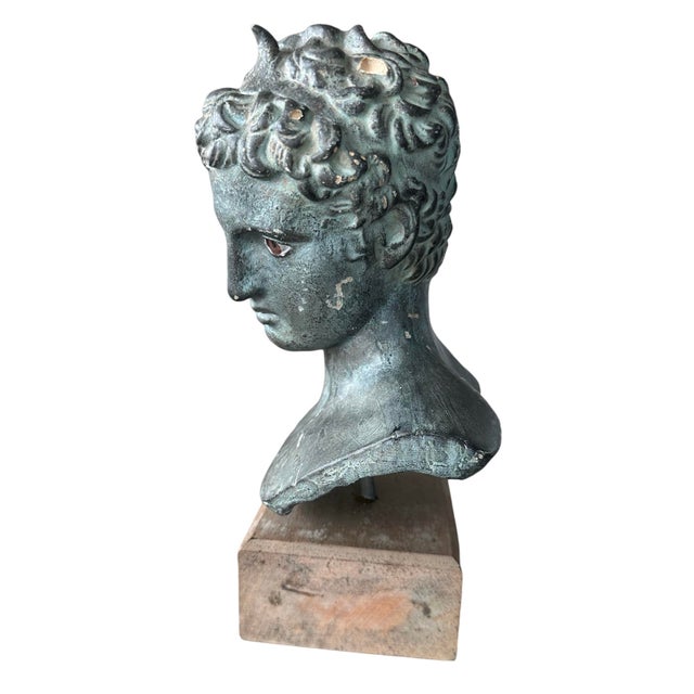Late 19th Century Vintage Head Bust in Stone, Verdigris Finish For Sale - Image 5 of 5