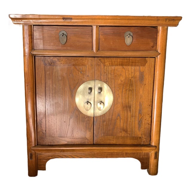 Vintage Asian-Inspired Solid Wood Cabinet With Brass Hardware For Sale
