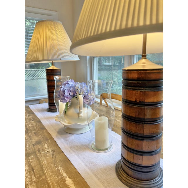 Turned Wood Barrel Form Table Lamps With Shades, Set of 2 For Sale - Image 9 of 18