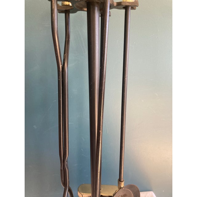 Mid-Century Modern Vintage Brass & Cast Iron 5-Piece Fireplace Tool Set For Sale - Image 3 of 11