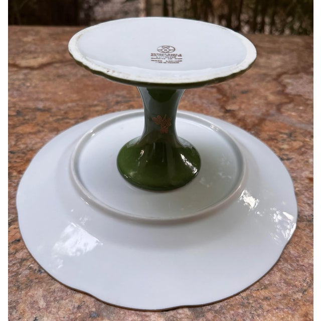 Vintage French Hand Painted Cherubs Gold Gilt Pedestal Green Porcelain Cake Plate Stand For Sale - Image 11 of 12