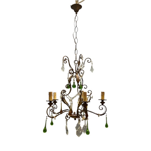 Italian 5-Light Tole Chandelier with Green and Amber Murano Glass Drops, 1950s For Sale