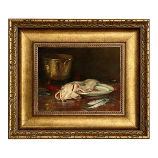 English Cod Still Life Print on Canvas in Wide Antiqued Gold Frame, 8x10" Print, 14x16" Framed For Sale