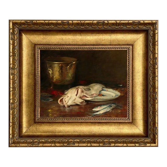 English Cod Still Life Print on Canvas in Wide Antiqued Gold Frame, 8x10" Print, 14x16" Framed For Sale