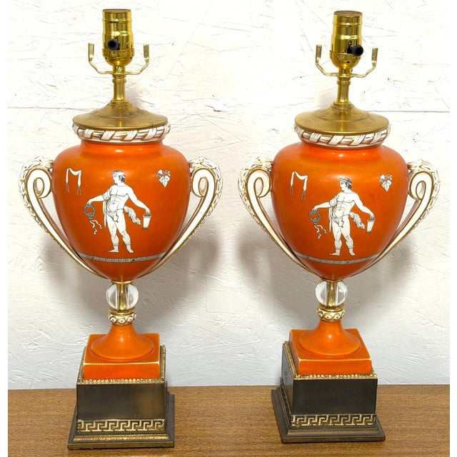 Late 18th Century Pair English Neoclassical Orange Ground Ashworth Ironstone Urns, as Lamps For Sale - Image 4 of 15