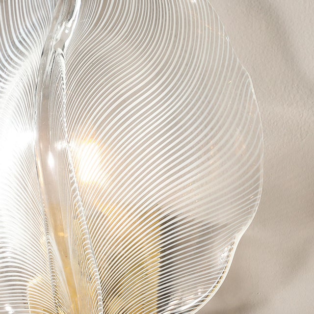 1970s Pair of Mid-Century Hand-Blown Murano Glass Striated Leaf Sconces by Franco Luce For Sale - Image 5 of 12