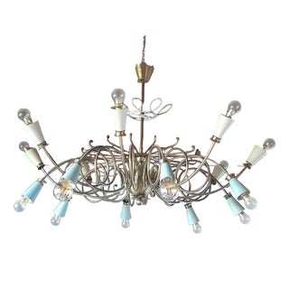 Brass 16-Light Chandelier with Colored Metal Lamp Holder, 1950s For Sale