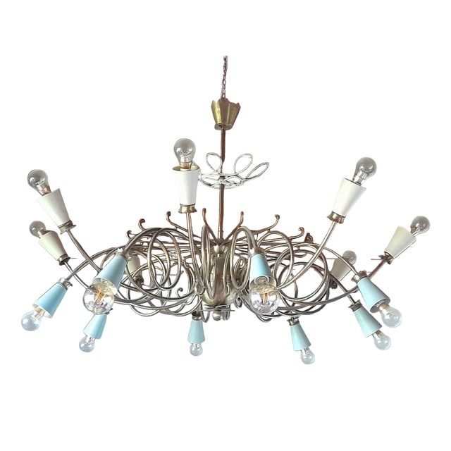 Brass 16-Light Chandelier with Colored Metal Lamp Holder, 1950s For Sale