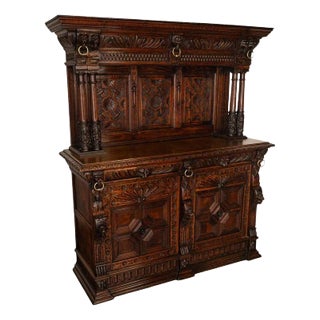 Antique Carved 19th Century French Oak Baroque Buffet Bar Back 1860 For Sale
