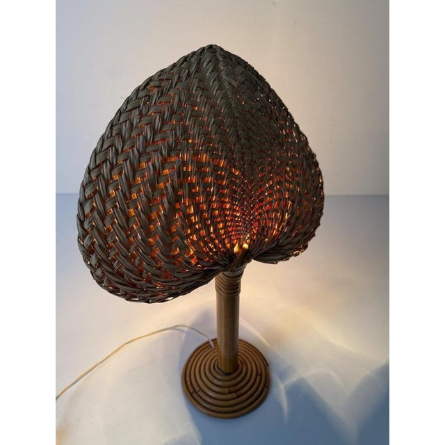 Italian Bamboo, Cane and Rattan Table Lamp with Fan-Shaped Shade in the style of Ingo Maurer, 1960s For Sale - Image 12 of 18