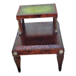 1920s Mahogany Leather Top Sofa End Table Brass Column Lion Pull Carved For Sale