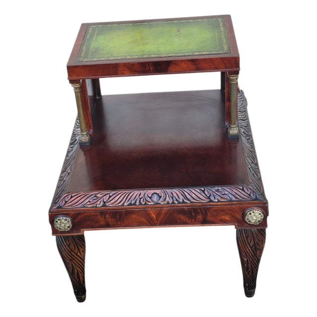 1920s Mahogany Leather Top Sofa End Table Brass Column Lion Pull Carved For Sale