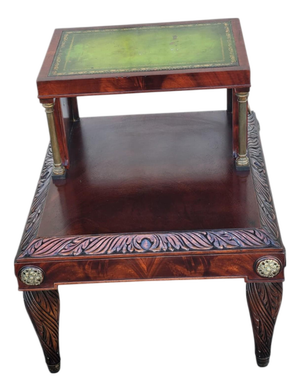 1920s Mahogany Leather Top Sofa End Table Brass Column Lion Pull Carved