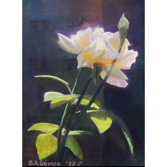 The artwork features a delicate rose, rendered in soft pastels that highlight the gentle curves of its petals and the...