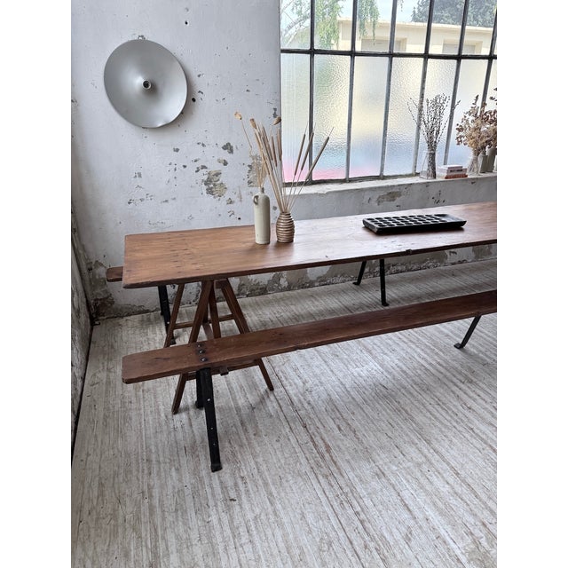 Brown Trestle Farm Table and Benches, 1950s, Set of 3 For Sale - Image 8 of 18